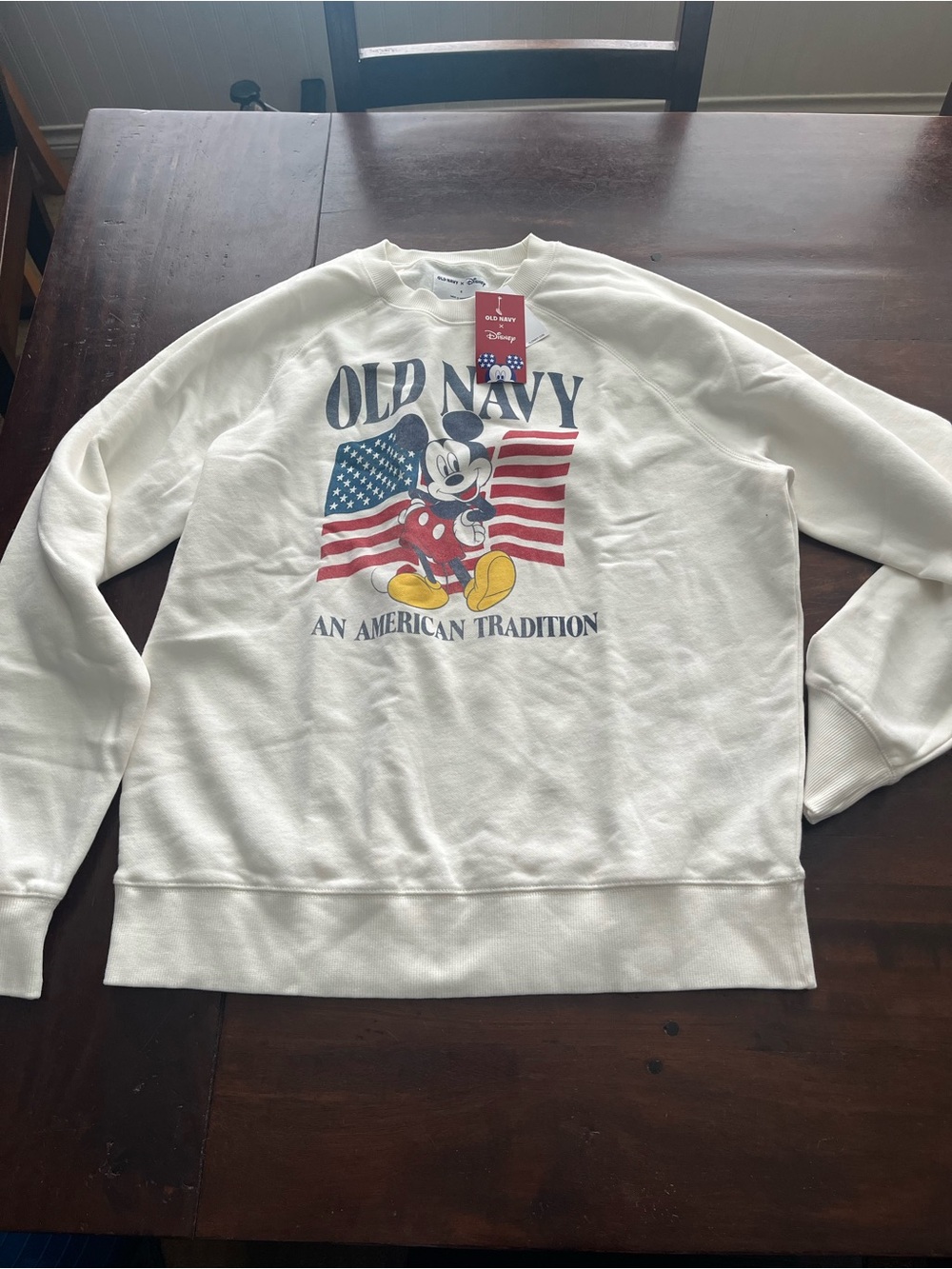 Old Navy White Crewneck Sweatshirt with Mickey Mouse and American Flag Graphic